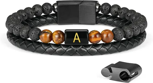 Miniatura 13 de LUXEJEW Regalo Navidad para hombre, brazalete de cuero con cuentas, con letra inicial nombre, 15/64 de pulgada, ágata mate, hecho a mano, ajustable