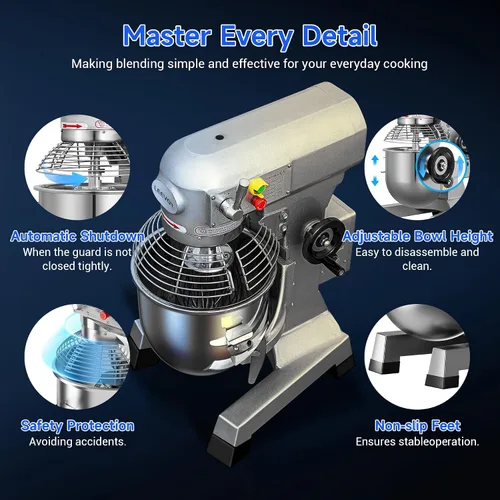 Miniatura 6 de 10Qt Mezclador de alimentos comercial con función de temporización, mezclador de pie industrial de 500W de 3 velocidades ajustables y cuenco