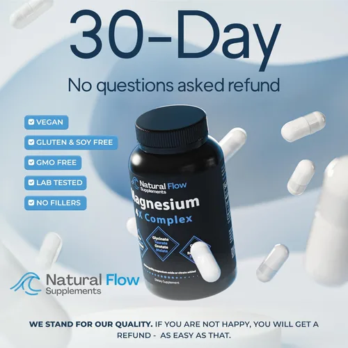 Miniatura 7 de Suplemento Complejo de Magnesio Natural Flow 4X – 200 mg Elemental Mg – Glicinato, Taurato, Malato y Orotato – Calma, Sueño y Apoyo Muscular – Sin