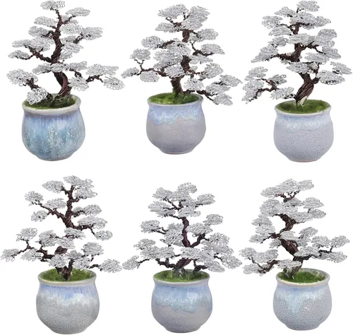 Miniatura 3 de Amogeeli Bonsái artificial de alambre de aluminio con maceta de cerámica, escultura de árbol de dinero Fengshui hecha a mano, decoración del hogar