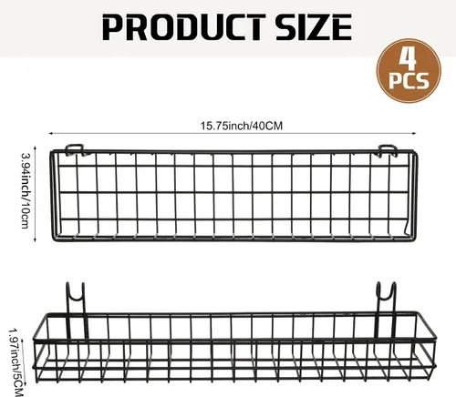 Miniatura 2 de Blulu 4 cestas de pared de rejilla de metal de 15.75 x 3.94 x 1.97 pulgadas con ganchos, estantes de pared, cesta de alambre colgante, organizador