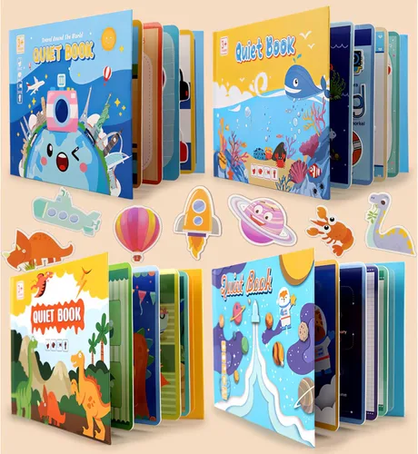 Paquete de 4 libros silenciosos para niños pequeños, libro Montessori ocupado para niños con dinosaurio, mar, viajes, actividades de aprendizaje 4