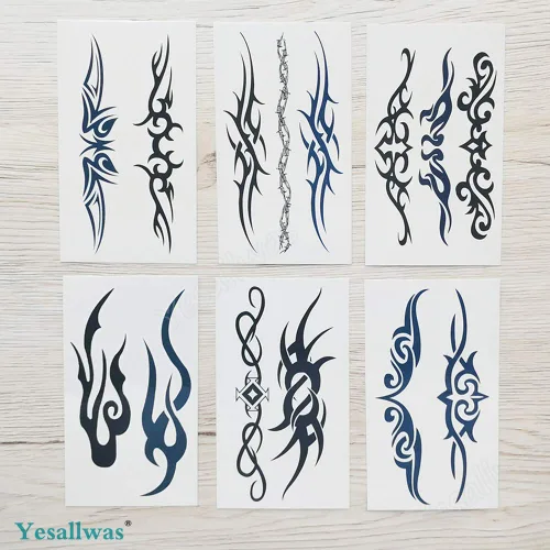 Miniatura 5 de Yesallwas 6 hojas de tatuajes falsos tribales pequeños tatuajes temporales azul negro tribal tatuaje tatuaje cuerpo adhesivo para hombres mujeres