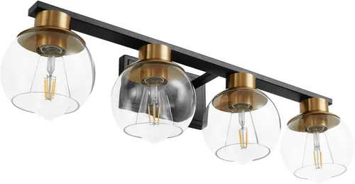 PAZALA Accesorios de luz de baño color negro dorado sobre espejo de 4 luces, lámpara de pared de tocador con pantalla de vidrio esférica, base E26,
