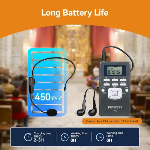 Miniatura 4 de Sistema de traducción para iglesia Retekess con 1 transmisor TR503 y 5 receptores de radio FM PR13, sistema de audición asistida para iglesia