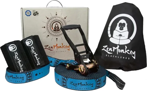 Kit de Slackline ZenMonkey con Protectores de Árbol, Bolsa de Transporte de Tela e Instrucciones, 60 Pies, Fácil Montaje para Familia, Niños y