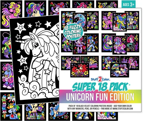 Paquete de 18 pósteres de terciopelo mullido para colorear (edición divertida de unicornio), ideal para tiempo familiar, artes y manualidades,