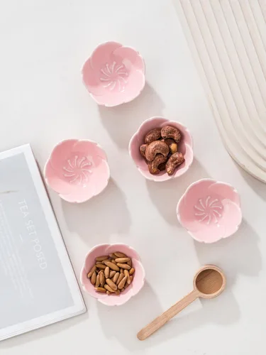 Miniatura 5 de Jusalpha Juego de 5 piezas de plato de salsa de cerámica con diseño de flores de cerezo rosa, plato de condimentos, tazón para sushi con salsa