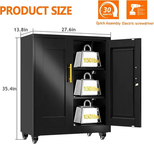 Miniatura 3 de Metal Garage Storage Cabinet, 36” Rolling Wheels Tool Cabinet with Lock-2 Adjustable Shelves, Locking Storage, Steel Locker Storage Systems for Home