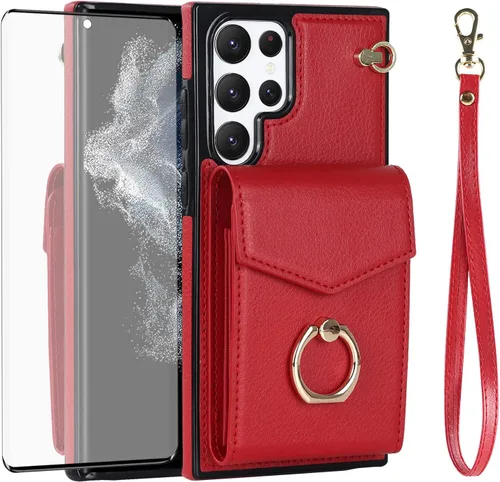 Asuwish Funda de teléfono para Samsung Galaxy S22 Ultra 5G Funda tipo cartera con protector de pantalla de vidrio templado y soporte para tarjeta de