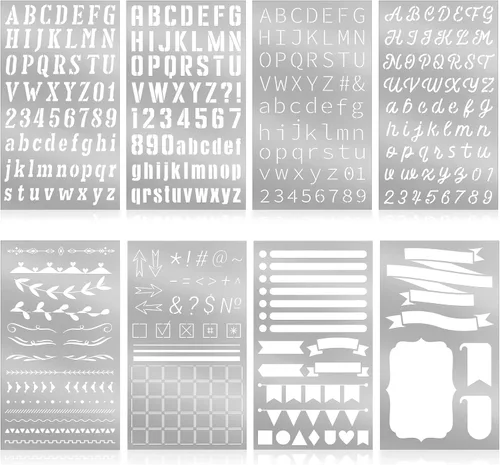 Lewtemi 8 Piezas Plantillas de Letras y Números de Metal de 4 x 7 Pulgadas, Plantillas de Alfabeto de Acero Inoxidable para Grabado, Pintura,