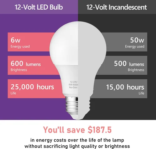 Miniatura 6 de Maelsrlg Bombilla LED de 12 V, 6 W (equivalente a 50 W), blanco cálido 3000 K, 12 V-24 V CA/CC, 600 lúmenes, no regulable, bombillas LED A19 de 12 V
