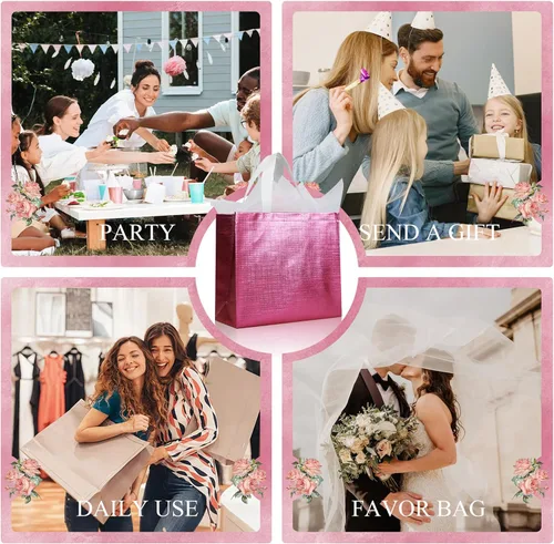 Miniatura 5 de cabzymx 16 bolsas de regalo reutilizables rosadas, bolsa de regalo de vacaciones con diseño metálico brillante con asas y bases, bolsa de regalos