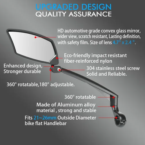 Miniatura 3 de BriskMore Espejo de bicicleta para manillar - Cristal HD transparente, espejo ajustable y plegable de 360° para una conducción segura, gran angular