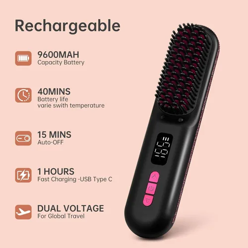 Miniatura 4 de Cepillo alisador de cabello, mini cepillo alisador inalámbrico portátil para viajes, iones negativos con peine caliente con 9 temperaturas