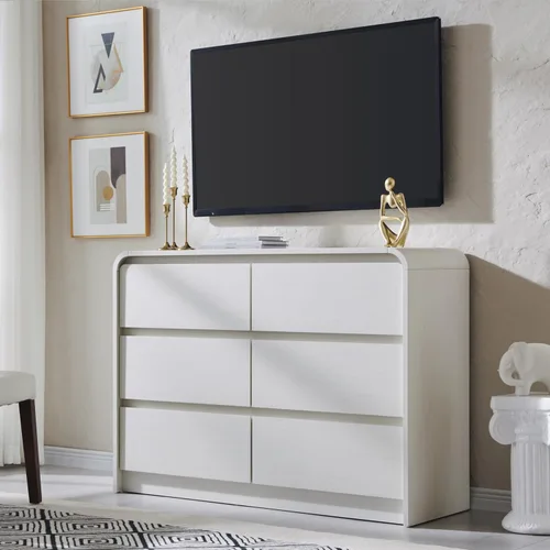 Miniatura 24 de Aitjunz Cómoda moderna de 5 cajones para dormitorio, 114 cm de altura con diseño de perfil curvo, cómoda vertical de madera estilo mediados de siglo