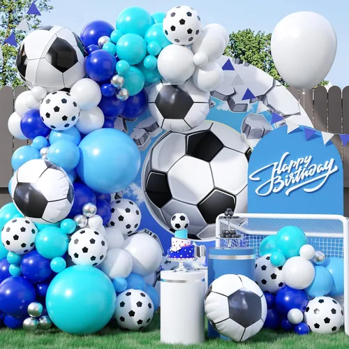 Kit de arco de globos de fútbol con globos de papel de aluminio de fútbol 4D, globos de látex azul real, blanco, plateado metálico para baby shower,