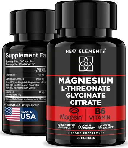 Magteína Magnesio L-treonato – Complejo Mag de 2000 mg con treonato L, glicinato, citrato y vitamina B6 – Salud cerebral, memoria, enfoque y