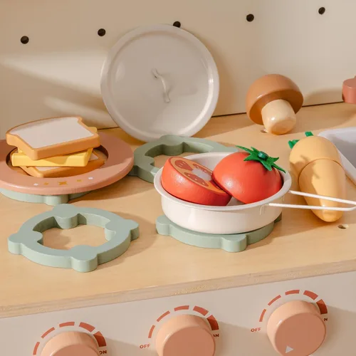 Miniatura 5 de ROBOTIME Juego de comida de madera 4 en 1, juego de juguete de simulación para jugar cocina con bolsa de compras, accesorios de cocina para niños