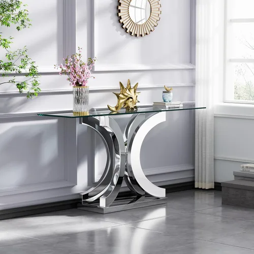 Miniatura 189 de Mesa de centro de cristal de lujo, mesa de centro de sofá de 47 pulgadas con marco de acero inoxidable dorado y parte superior de vidrio negro, mesa
