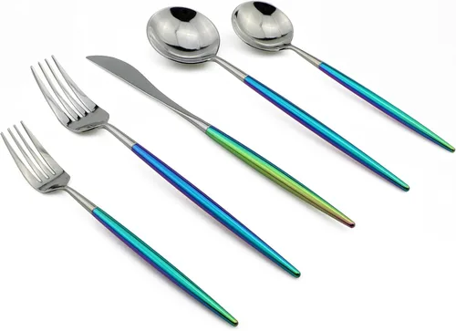 Juego de cubiertos Coloful Rainbow Handle Silver de 5 piezas, espejo de acero inoxidable 18/10, servicio para 1 plateado