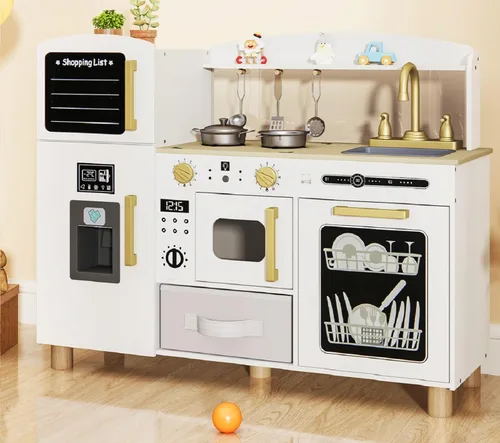 INFANS Juego de cocina para niños, juego de juguetes de cocina de madera para niños pequeños con tablero de dibujo acrílico, máquina de hielo, Blanco