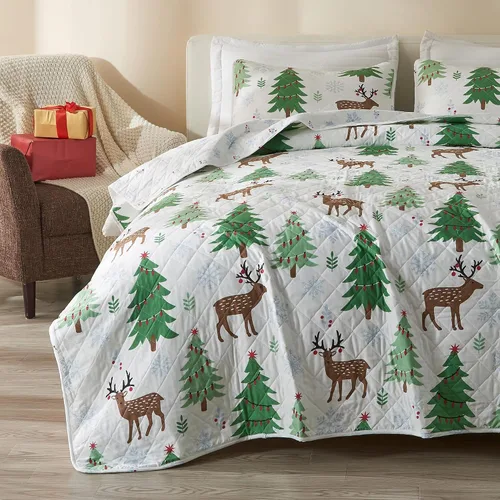 Great Bay Home Juego de edredón navideño de 3 piezas con fundas de almohada. Colcha cubrecama reversible con patrón navideño. Colección Holly Ciervo
