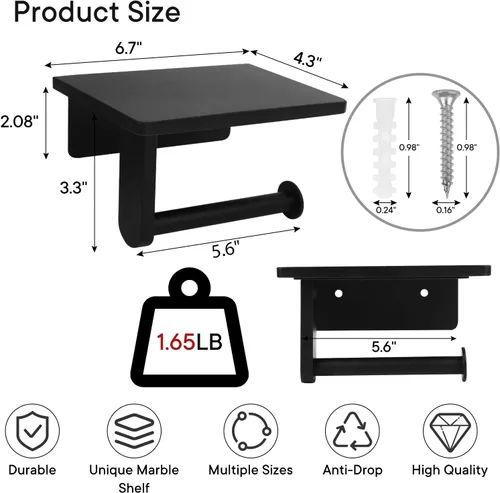 Miniatura 4 de Soporte de papel higiénico con estante de mármol para baño, soporte de papel higiénico montado en la pared adecuado para mega rollo