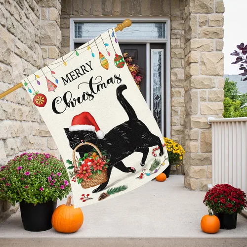 Miniatura 3 de Louise Maelys Bandera de jardín de gato negro de 28 x 40 pulgadas, doble cara, arpillera de bienvenida de invierno, Navidad, flores, grandes