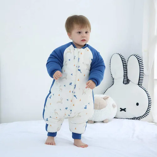 Miniatura 2 de Happy Cherry Saco de dormir de algodón grueso de invierno para bebé, manta cálida con mangas desmontables, Pingüino - Azul