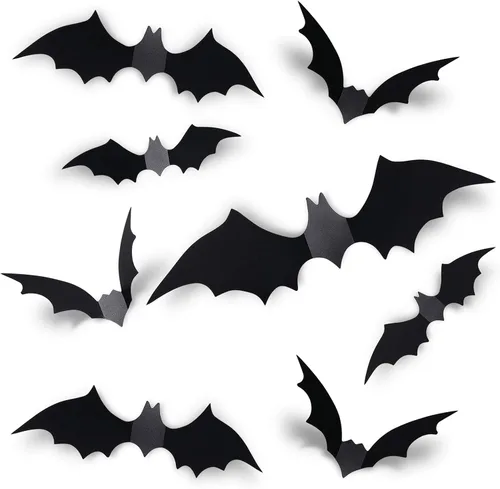 Coogam 60 piezas de decoración de murciélagos de Halloween, 4 tamaños diferentes realistas de PVC negro 3D aterrador adhesivo para decoración del