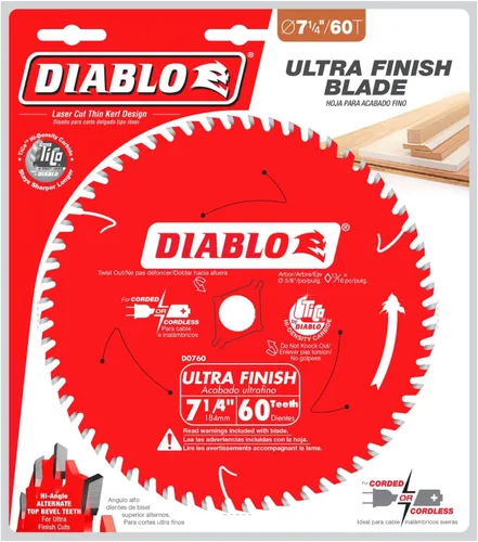 Miniatura 2 de Diablo Hoja de sierra de carburo ultra acabado para madera, 7-1/4 pulgadas de diámetro, 60 dientes ATB, eje de 5/8 pulgadas, corte de 0.059