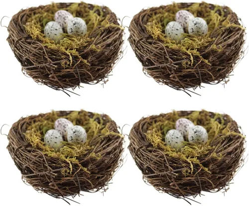 Nido de pájaros artificiales, 4 piezas hechas a mano naturales para pájaros de Pascua, nido de ratán, para jardín, patio, hogar, fiesta, decoración