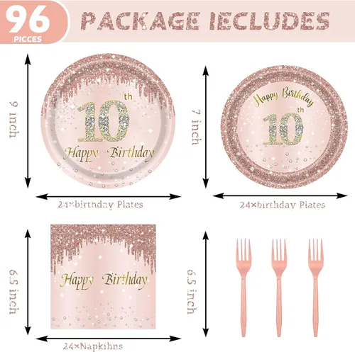 Miniatura 2 de Juego de 24 platos y servilletas, tenedores, suministros de fiesta de cumpleaños para niñas de 10 años de edad, desechables, color oro rosa, 24