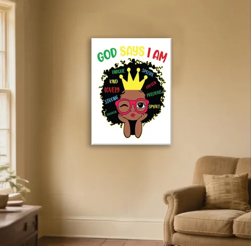 Miniatura 5 de Redland Art Decoración de Pared Motivacional para Niñas Negras en Lienzo Enmarcado Arte Cristiano Inspirador “Dios Dice Que Soy Yo” 29x37 cm