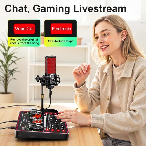 Miniatura 6 de Paquete de micrófono de podcast con mezclador de audio de placa de sonido en vivo, equipo de podcast con micrófono de condensador de 3.5mm