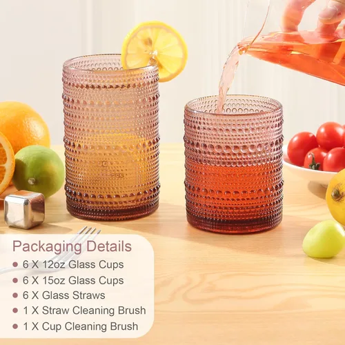Miniatura 6 de ZMOWIPDL Juego de 12 Vasos de Cristalería Vintage para Beber, Morado 12oz y 15oz Vasos de Vidrio Hobnail con Relieve, Vaso de Agua en Relieve