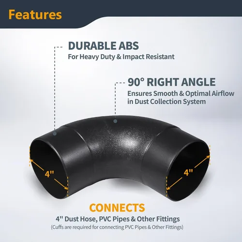 Miniatura 3 de POWERTEC 70105-P2 4 Pulg. Conector de Codo de 90 Grados - Conector de Ángulo Recto de Colector de Polvo de Plástico ABS 3-Negro