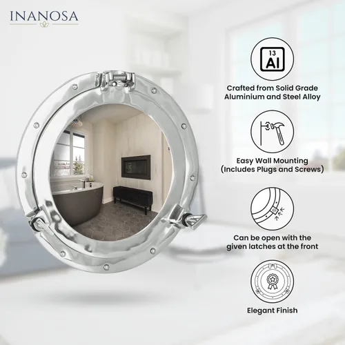 Miniatura 4 de Espejo de ojo de buey – Acabado blanco níquel plateado de 10 pulgadas Decoración náutica de pared para baño y dormitorio Decoración antigua
