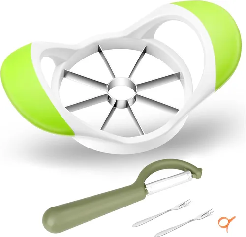 Cortador de manzana, descorazonador y divisor mejorados, 8 cuchillas de acero inoxidable súper afiladas de 4.72 pulgadas, 1 pelador súper afilado, 2