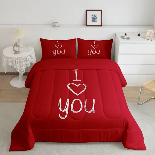 Miniatura 8 de Juego de edredón de San Valentín para parejas, juegos de ropa de cama rojo y blanco para niños, niñas, adolescentes, con texto en inglés "I Love