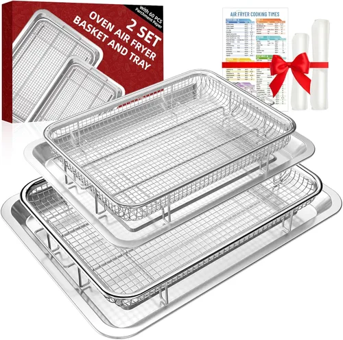Miniatura 10 de Sartenes para freidora de aire para horno, cesta y bandeja para freidora de aire con guía de cocina y 30 papeles pergaminos, bandeja antiadherente