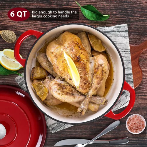 Miniatura 6 de E-far Horno holandés de hierro fundido esmaltado con tapa, olla redonda holandesa de 6 cuartos, utensilios de cocina antiadherentes para estofar