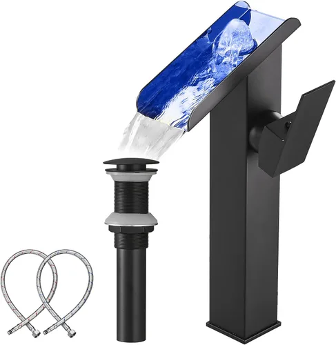 Grifo de Recipiente Negro para Baño Cascada Boquilla Abierta LED Cambio de Color por Temperatura Grifo de Lavabo para Fregadero de Tazón Mango