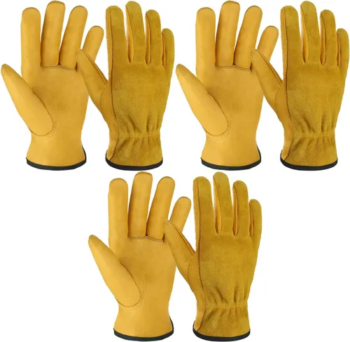 Miniatura 15 de OZERO Guantes de trabajo de piel de vaca con agarre flexible para cortar madera, construcción, conducción de camiones, jardín/patio para trabajo Oro