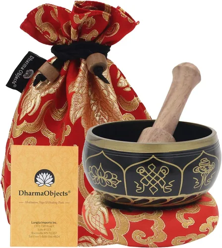 DharmaObjects Juego de cuencos tibetanos OM MANI con mazo, cojín de brocado y bolsa de transporte para meditación, curación de chakras, oración,