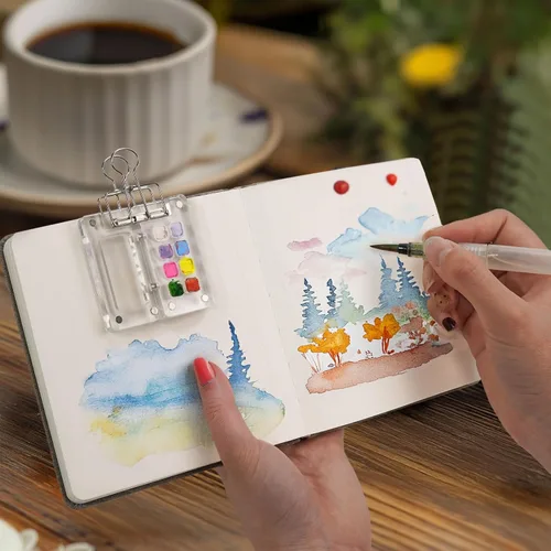 Miniatura 8 de Cuaderno de bocetos de acuarela, 5.5" x 5.5" Libros de bocetos para artistas, cuaderno de papel de acuarela de algodón, cubierta de lino con pluma