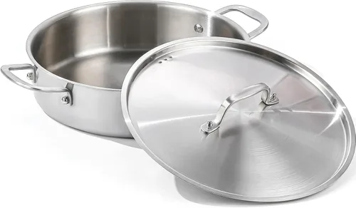 DELARLO Sartén Braseadora de Acero Inoxidable Tri-Capa de 8 Cuartos con Tapa Olla Rondeau de Inducción Con Tapa Sartén de Fritura Profunda de 13