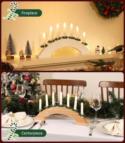Miniatura 6 de Lewondr Candelabro sueco de Navidad, 7 velas cónicas sin llama con alimentación USB, luz de vela de ventana de Navidad con agujas de pino, luz