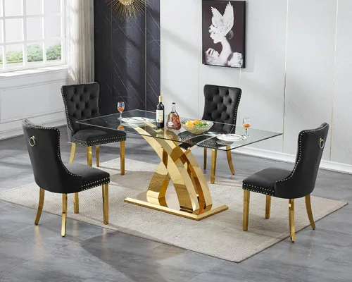 Miniatura 23 de Juego de mesa de comedor de cristal plateado moderno de 70 pulgadas para 4, juego de mesa de comedor rectangular de 5 piezas con patas de acero
